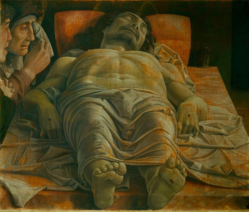 Andrea Mantegna, The Dead Christ (“the foreshortened Christ”), mourned by the Virgin, a pious woman and Saint John Apostle (ca. 1480) Pinacoteca di Brera, Milan.