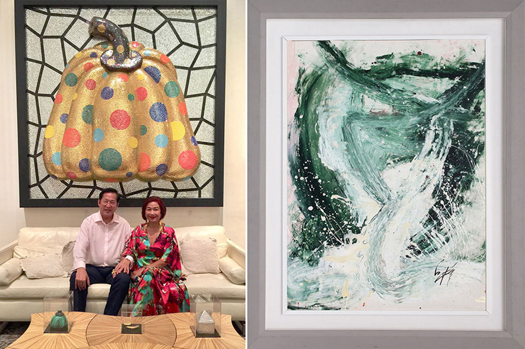 Left: Lito & Kim Camacho with Yayoi Kusama’s Pumpkin, Right: “Itazina Ni” (1960) by Shiraga Kazuo. Courtesy: Lito & Kim Camacho